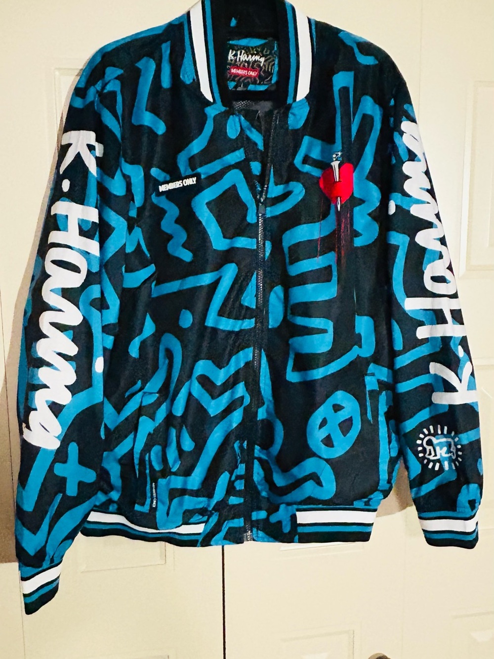 Members Only Black Jacket with Blue Graphic Pattern and Red Heart Patch
